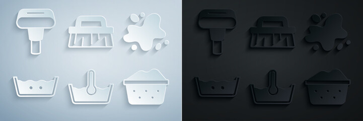 Set Temperature wash, Water spill, Basin with soap suds, Brush for cleaning and Garment steamer icon. Vector