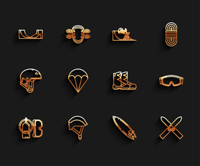 Set line Diving mask and aqualung, Bicycle helmet, Skate park, Surfboard, Ski sticks, Parachute, goggles and Boots icon. Vector