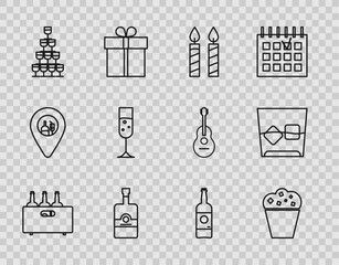 Set line Bottles of wine in a wooden box, Popcorn cardboard, Birthday cake candles, Whiskey bottle, Wine glasses stacked pyramid tower, Glass champagne, Beer and whiskey ice cubes icon. Vector