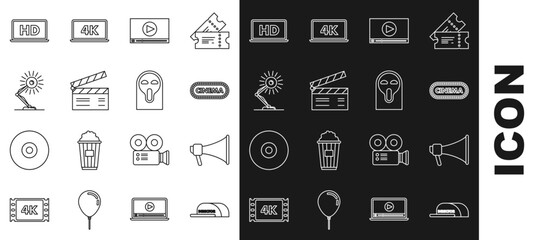 Set line Cap with inscription director, Megaphone, Cinema poster design template, Online play video, Movie clapper, Table lamp, Laptop screen HD technology and Funny and scary ghost mask icon. Vector