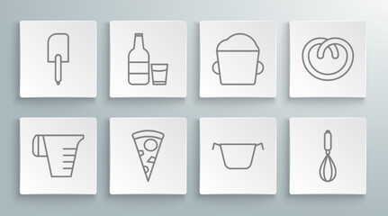 Set line Measuring cup, Glass bottle with milk and glass, Slice of pizza, Cooking pot, Kitchen whisk, Bakery bowl dough, Pretzel and Spatula icon. Vector