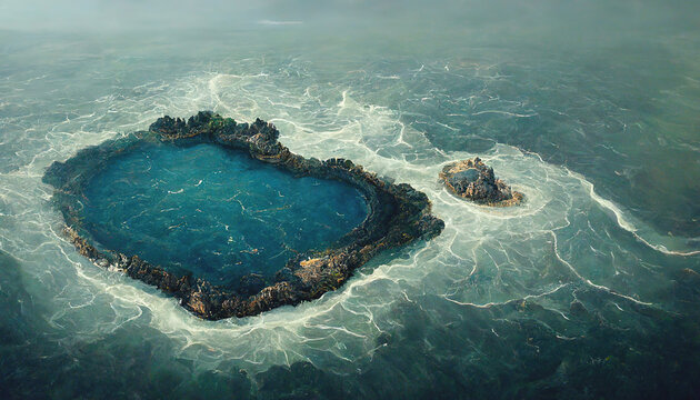Aerial view of small exotic atoll islands in the open ocean sea. Beautiful nature. 3D illustration.