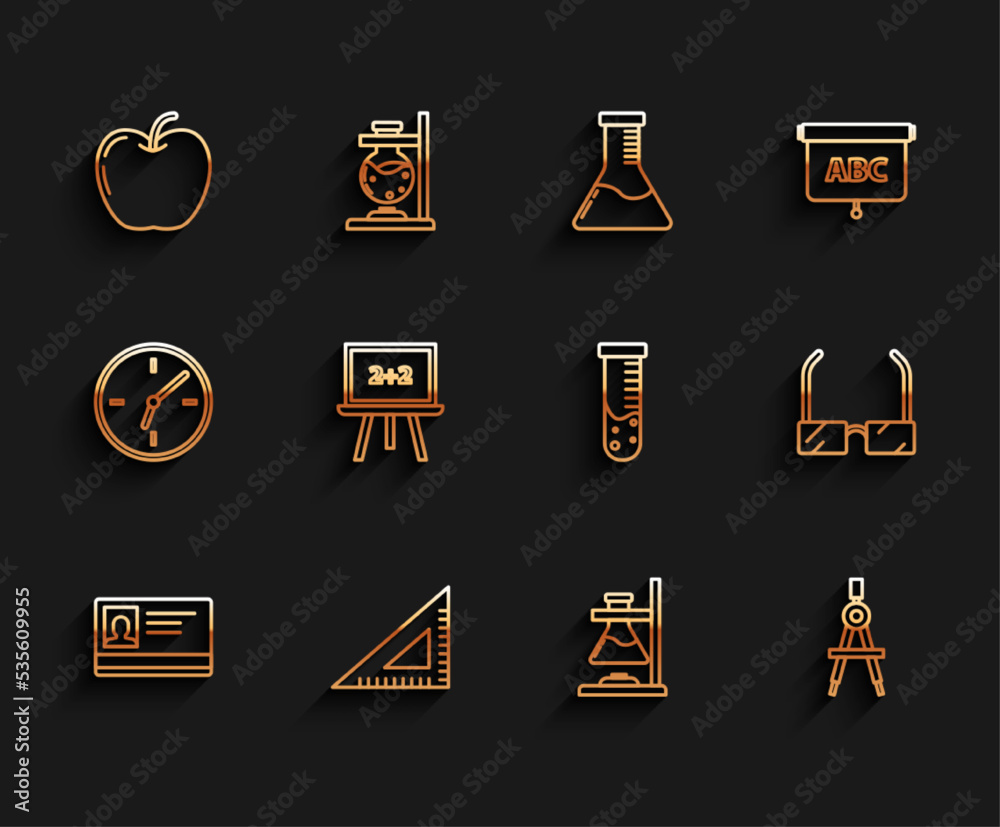 Poster Set line Identification badge, Triangular ruler, Apple, Glass test tube flask fire, Drawing compass, Chalkboard, Glasses and Test and chemical laboratory icon. Vector