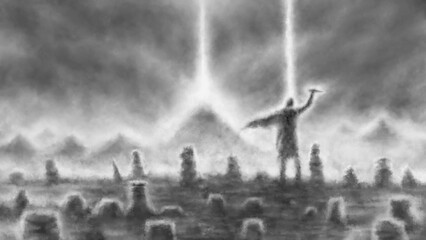 Obraz premium Radiant monk raises a ritual dagger above his head. Ancient gods worship. Ray of light over sacred mountain. 2D illustration horror fantasy genre. Legends from the past. Black and white background.