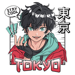 Cool boy comic illustration with Japanese translation "Tokyo"
