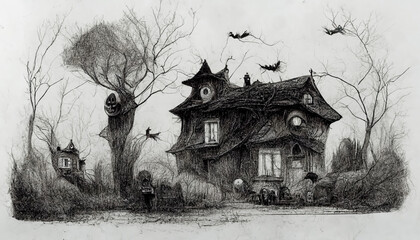 Halloween illustration pencil drawing style. Spooky, horror Halloween background. 3D illustration.