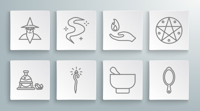 Set line Witch cauldron and magic stone, Magic fog or smoke, staff, mortar pestle, hand mirror, Hand holding fire, Pentagram circle and Wizard warlock icon. Vector