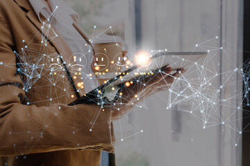 Businessman pressing icon emoticon face smiley on virtual touch screen. Customer service evaluation concept. survey, feedback, review.