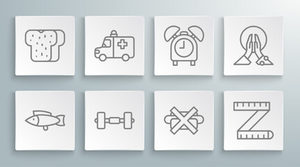 Set line Fish, Ambulance and emergency car, Dumbbell, No junk food, Tape measure, Alarm clock, Meditation and Bread toast icon. Vector