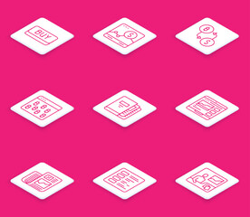 Set line Buy button, Website with growth graph, Cryptocurrency exchange, Bitcoin in browser, Office folders, Trading courses, Business finance report and icon. Vector