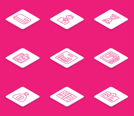 Set line Credit card, Trader, Old hourglass, Business finance report, Pie chart infographic, Stock market news, Money bag and Stacks paper money cash icon. Vector