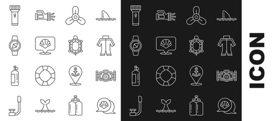 Set line Scallop sea shell, Photo camera, Wetsuit, Boat propeller, turbine, Compass, Flashlight and Turtle icon. Vector