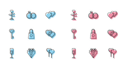 Set line Glass of champagne, Suit, Signpost with heart, Balloons in form ribbon, Shopping bag, Two Linked Hearts, Key shape and Wedding rings icon. Vector