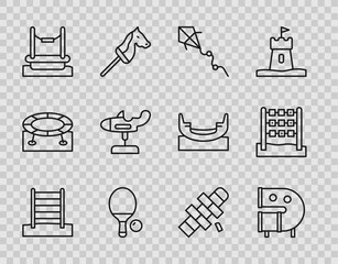 Set line Swedish wall, Kid playground slide pipe, Kite, Racket and ball, Bungee, Swing plane, Hopscotch and Tic tac toe game icon. Vector