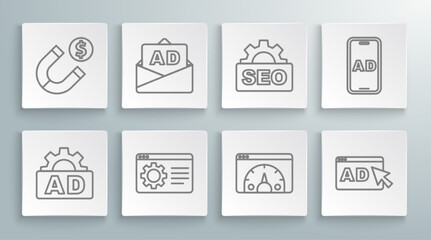 Set line Advertising, Browser setting, Website statistic, SEO optimization, and Magnet with money icon. Vector