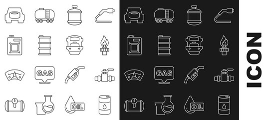 Set line Barrel oil, Metallic pipes and valve, Oil rig with fire, Propane gas tank, Canister for motor, Spare wheel in the car and tanker ship icon. Vector