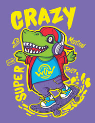 Illustration Cartoon Dino on skateboard. Teenager dinosaur skater poster. Kid t rex wear cap, t shirt, street art style clothes.