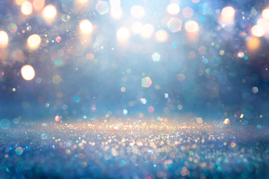 Blue And Golden Glitter In Shiny Defocused Background - Abstract Christmas Lights 