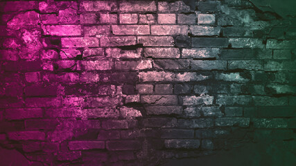 Magenta purple red brown green old brick wall. Toned colorful grunge background. Space. Design. Cracked, broken, crumbled. Color gradient. Horror, spooky, creepy, scary, frightening. Rough backdrop.