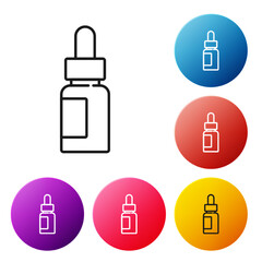 Black line Essential oil bottle icon isolated on white background. Organic aromatherapy essence. Skin care serum glass drop package. Set icons colorful circle buttons. Vector