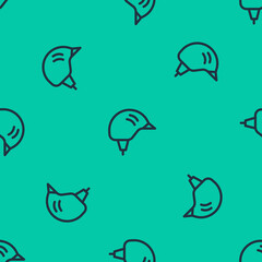 Blue line Bicycle helmet icon isolated seamless pattern on green background. Extreme sport. Sport equipment. Vector
