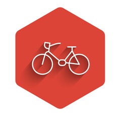 White line Bicycle icon isolated with long shadow. Bike race. Extreme sport. Sport equipment. Red hexagon button. Vector