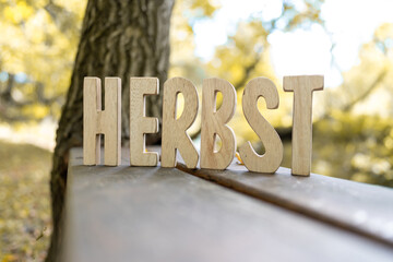 Herbst Schriftzug aus Holzbuchstaben im Wald mit verschiedenen Hintergründen.