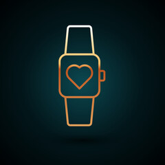 Gold line Smart watch showing heart beat rate icon isolated on dark blue background. Fitness App concept. Vector