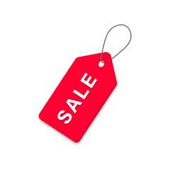 Obraz na płótnie Canvas Red sale tag. Rectangular promotional badge with hole and fastening thread. Special discounts and offers for regular and new vector customers