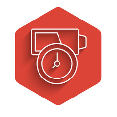 White line Battery charge level indicator icon isolated with long shadow background. Red hexagon button. Vector