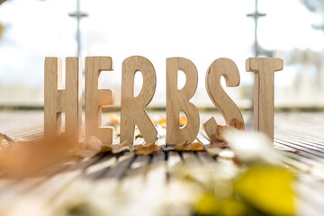 Herbst Schriftzug aus Holzbuchstaben im Wald mit verschiedenen Hintergründen.