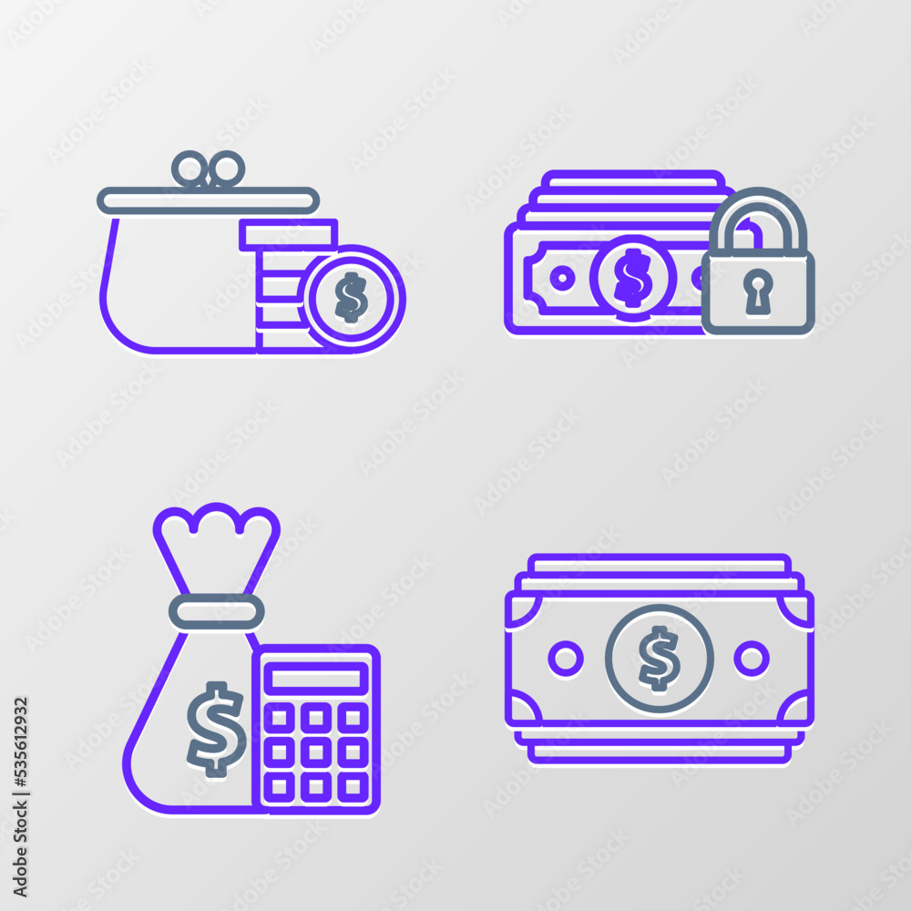 Sticker Set line Stacks paper money cash, Calculator with bag, Money lock and Wallet coins icon. Vector