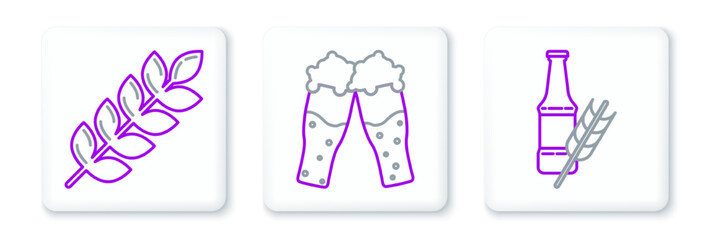 Set line Beer bottle, Cereals set with rice, wheat, corn, oats, rye, barley and Glass of beer icon. Vector