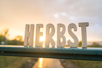 Herbst Schriftzug aus Holzbuchstaben im Wald mit verschiedenen Hintergründen.