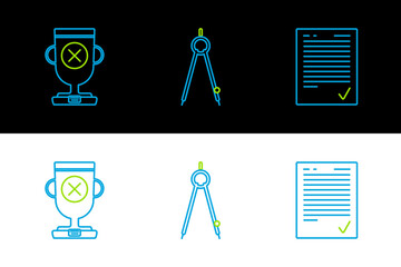 Set line Exam sheet with check mark, Award cup and Drawing compass icon. Vector