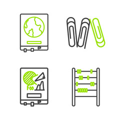 Set line Abacus, Board with graph chart, Paper clip and World map on school blackboard icon. Vector