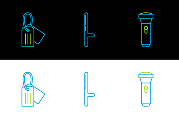 Set line Flashlight, Military dog tag and Police rubber baton icon. Vector