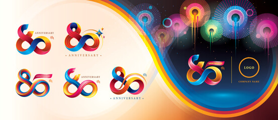 Set of 80th Anniversary Colorful logotype design, Eighty years celebration Logo. Abstract Twist Infinity multiple line Colorful