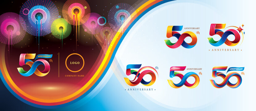 Set of 50th Anniversary Colorful logotype design, Fifty years celebration Logo. Abstract Twist Infinity multiple line Colorful