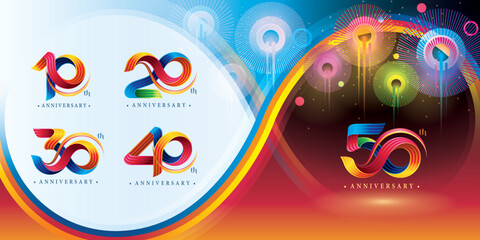 Set of 10 to 50 years Anniversary Colorful logotype design, 10,20,30,40,50 year, Abstract Twist Infinity Three line Colorful Curved.