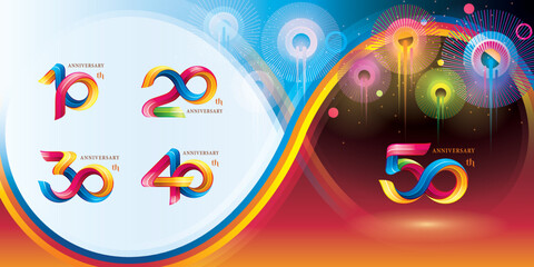 Set of 10 to 50 years Anniversary Colorful logotype design, 10,20,30,40,50 year, Abstract Twist Infinity multiple line Colorful.