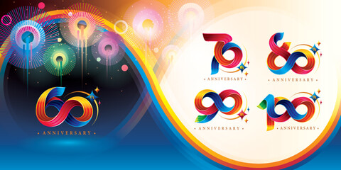 Set of 60 to 100 years Anniversary Colorful logotype design, 60;70;80;90;100 year, Abstract Twist Infinity multiple line Colorful with Star.