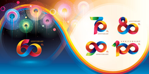 Set of 60 to 100 years Anniversary Colorful logotype design, 60;70;80;90;100 year, Abstract Twist Infinity multiple line Colorful.