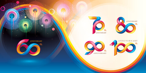 Obraz premium Set of 60 to 100 years Anniversary Colorful logotype design, 60;70;80;90;100 year, Abstract Twist Infinity multiple line Colorful.