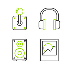 Set line Photo frames, Stereo speaker, Headphones and Joystick for arcade machine icon. Vector