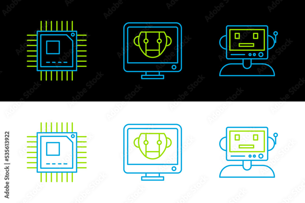 Poster set line robot, processor with microcircuits cpu and bot icon. vector