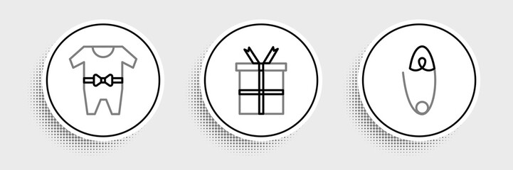 Set line Classic steel safety pin, Baby clothes and Gift box icon. Vector