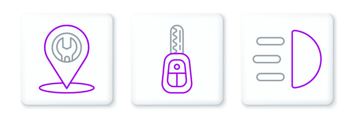 Set line High beam, Car service and key with remote icon. Vector