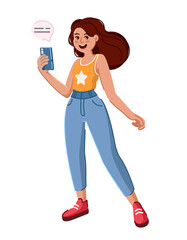 A young girl with a mobile phone in her hand writes a message, smiles and laughs. Vector flat illustration