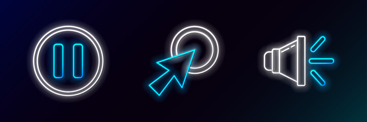 Set line Speaker volume, Pause button and Arrow cursor icon. Glowing neon. Vector